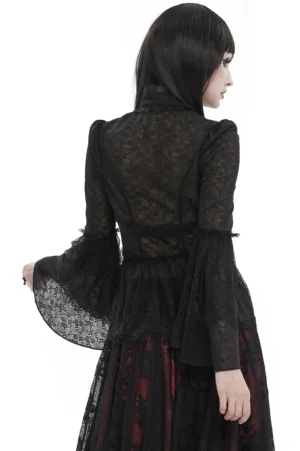 Black gothic lace blouse back view showing sheer lace panels and ruffled cuffs