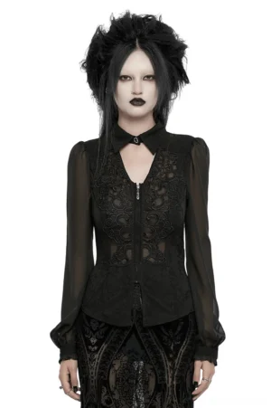 Black gothic lace applique blouse with sheer chiffon sleeves, front view featuring floral lace panel and metal zipper closure with gothic pendant
