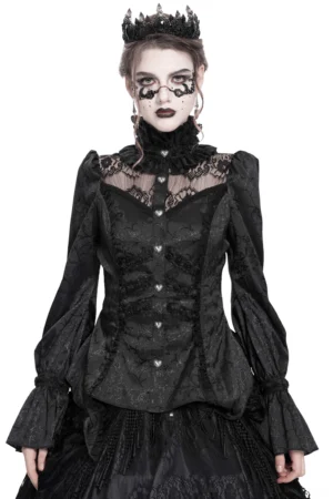 Black gothic lace high neck blouse with heart buttons, front full view on model wearing crown, ruffled collar and bell sleeves