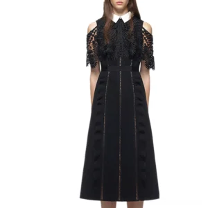 Black Victorian gothic lace cold-shoulder midi dress with floral hollow-out design and turn-down collar, front view