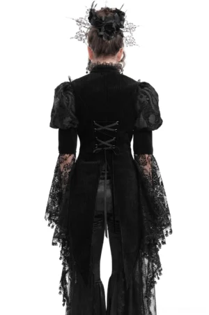 Black Victorian gothic lace blouse back view showing corset lace-up closure, velvet bodice, and asymmetrical train hem