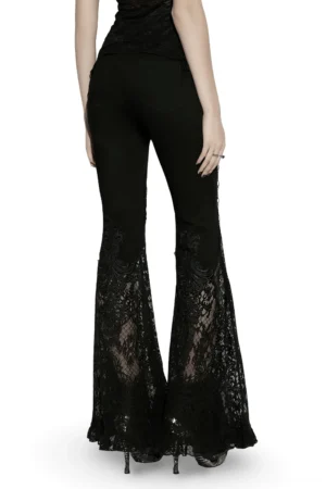 Black gothic lace flared denim pants rear view on model, displaying decorative back lace paneling and bell bottom hem