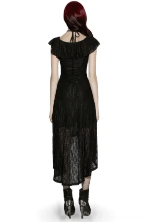 Black gothic lace dress back view showing adjustable lace-up corset back and ruffled yoke detail on model