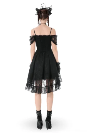 Black off-shoulder gothic lace party dress with layered tulle, back view showing asymmetrical floor-length sheer lace underlayer