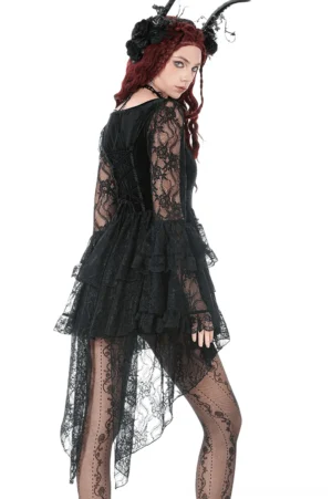 Victorian black lace high-low dress rear view showing corset back lacing and tiered ruffled skirt