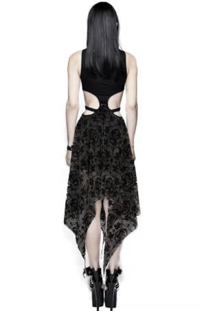 Gothic black lace dress back view showing cutout design and asymmetric handkerchief hem on model