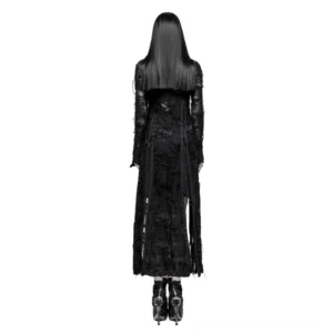 Black gothic sheer lace dress back view displaying fitted silhouette and trailing frayed lace hem detail