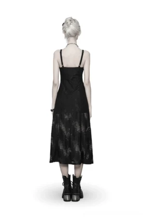 Black gothic lace backless dress back view showing open back design and floral lace midi skirt detail