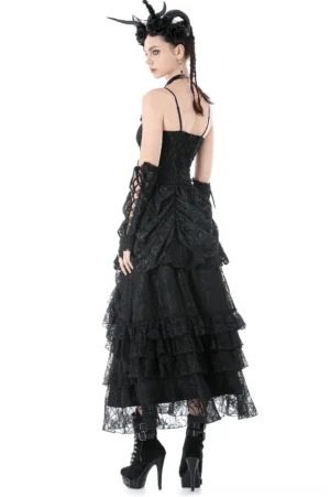 Back view of black gothic lace dress with tiered ruched skirt, showing structured silhouette and platform heels