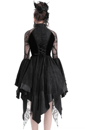 Back view of black gothic lace dress showing sheer lace sleeves, lace-up corset back detail, and asymmetrical handkerchief hem