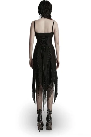 Black gothic lace slip dress back view showing corset lace-up detail and tattered asymmetric hem