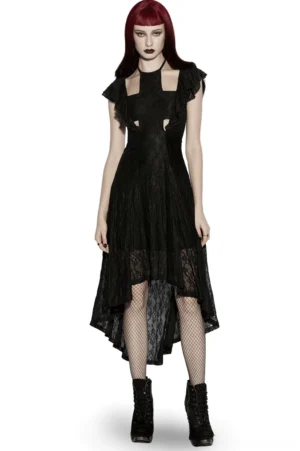 Black gothic lace high-low dress front view with cross cutout chest detail and ruffled flying sleeves worn by model with red hair