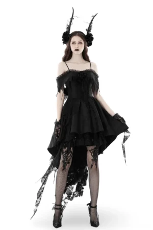 Black lace off-shoulder gothic evening dress with asymmetrical tattered hem, front three-quarter view with model wearing dark gothic horn headpiece