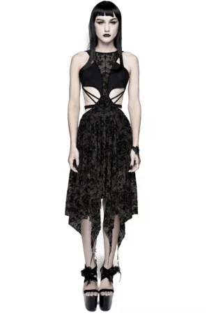 Black gothic lace irregular midi dress front view with asymmetric hemline and metal heart straps on female model