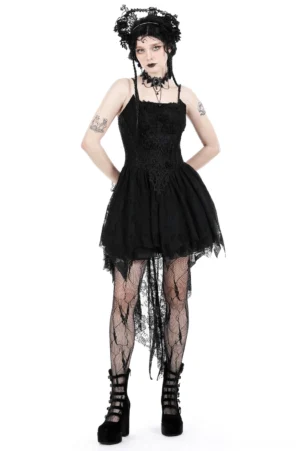 Black lace high-low gothic dress with spaghetti straps and 3D rose appliqués, front full-body view on model