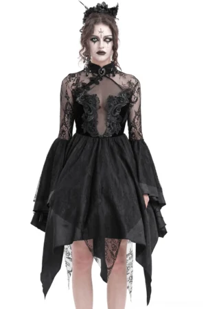 Black gothic lace dress with gemstone collar and dramatic bell sleeves, front view on model with gothic makeup and dark updo
