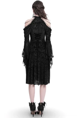 Black gothic lace midi dress featuring lace-up back closure and cold-shoulder cut, back view