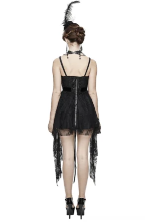 Black gothic lace dress with lace-up back closure and exposed zipper design, back full-length view on model showing sheer asymmetric tail hem