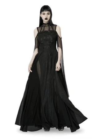 Black lace gothic off-shoulder floor-length dress with high collar and trumpet sleeves, front view on model