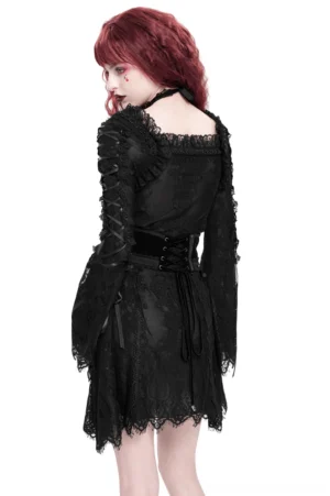 Open back design of black gothic lace mini dress with corset lacing and flared bell sleeves, back view