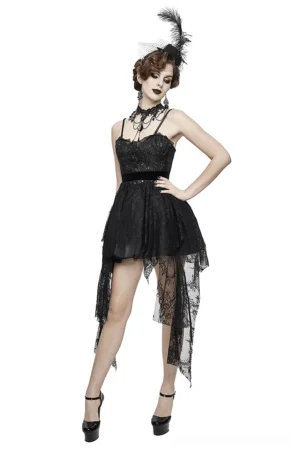 Black gothic lace sleeveless camisole dress with asymmetric hem and red gem accent, front three-quarter view on model with feather hair accessory