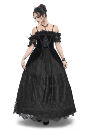 Black gothic lace evening dress with real feather short sleeves on model - front three-quarter view showing layered lace skirt and beaded bodice