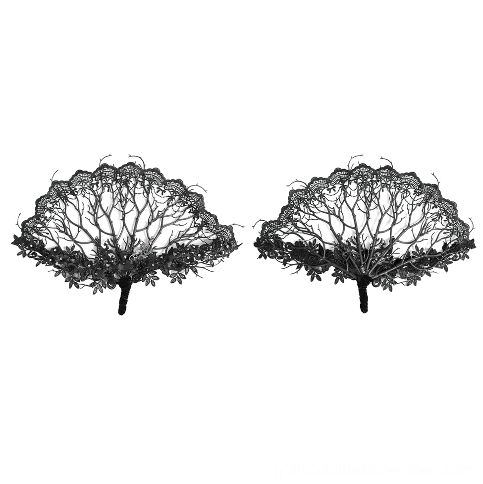 Pair of matching black gothic lace hand fans with skeletal branch frames and velvet handles, flat lay showcase