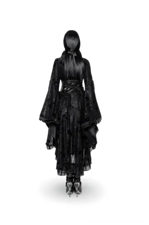 Gothic lace kimono dress rear view on model, displaying long flowing back skirt and flared kimono sleeves with flocking texture
