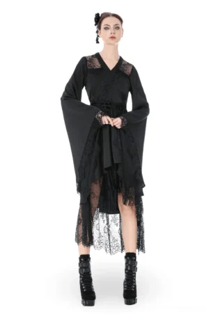 Black gothic lace kimono midi dress with bell sleeves and V-neckline, front full view on model