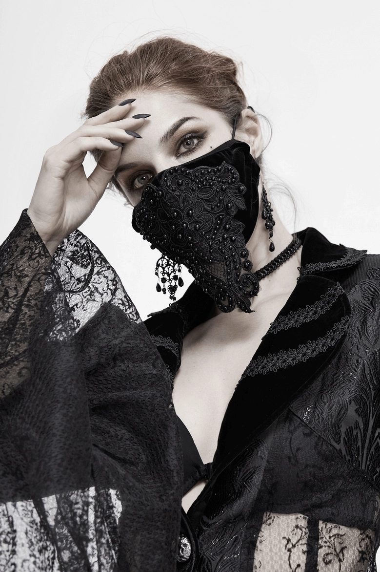 Black gothic lace face mask full view showing complete design with adjustable straps and lace trim