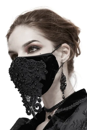 Black gothic face mask side profile with matching alternative jewelry and ornate lace details