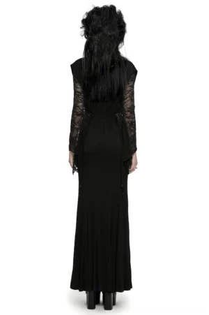 Black gothic lace maxi dress rear view, long floral lace sleeves and floor-length hem detail