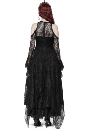 Black gothic lace overlay maxi dress back view featuring sheer lace panel and hidden zipper