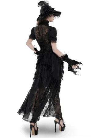 Black gothic lace mesh maxi dress back view showing lace-up corset back, sheer panels, and high-low ruffled hem