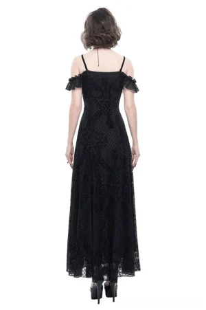 Back view of black gothic lace maxi dress showing spaghetti straps, floor-length hem, and all-over intricate lace pattern