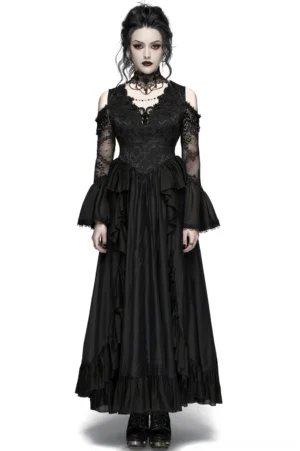 Black gothic lace maxi dress front view on model, showing crystal pendant bodice, sheer lace sleeves, layered ruffle skirt, and cold shoulder design - alternative fashion evening gown