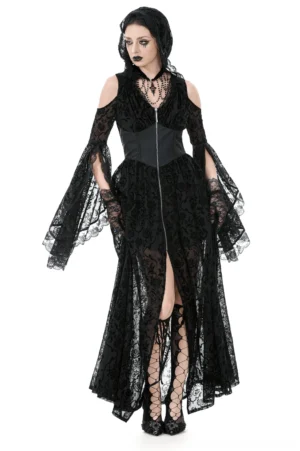 Black lace hooded cold shoulder gothic maxi dress front view on model with flared bell sleeves and front zip closure