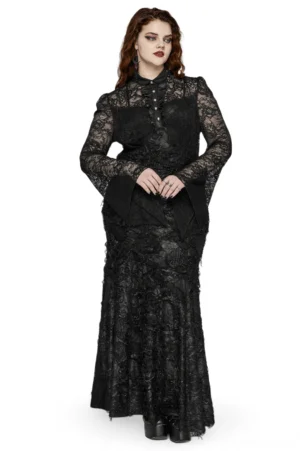 Black gothic lace maxi dress front full-length view with corset back detail and sheer flared sleeves