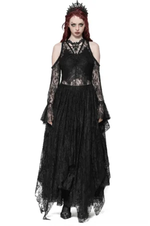 Black Victorian gothic lace maxi dress with sheer sleeves - front view on model with dramatic styling