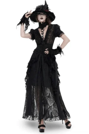 Black gothic lace mesh maxi dress front view with short puff sleeves, fitted corset waist, and layered ruffled sheer skirt