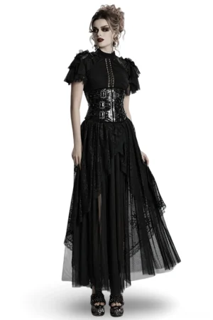 Black gothic lace maxi dress front three-quarter view with beaded neckline and ruffled sleeves on fashion model