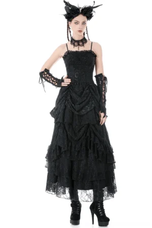 Black gothic lace maxi dress with ruched tiered skirt, modeled from front with spaghetti straps and form-fitting lace bodice