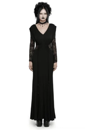 Black gothic lace maxi dress with V-neck and drawstring waist, front full-body view on model wearing platform boots
