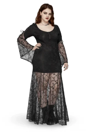 Black gothic lace maxi dress front 3/4 view on curvy model - sheer bell lace sleeves and floor-length floral lace skirt