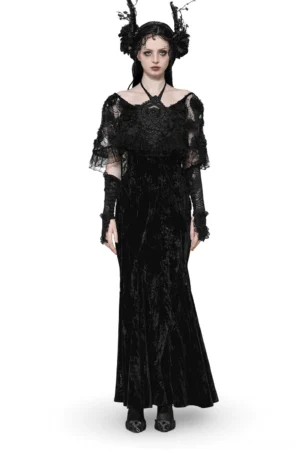 Black gothic lace velvet maxi dress with halter neckline and lace cape overlay, front full-body view on model