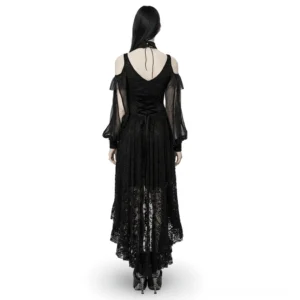 Gothic black lace maxi dress featuring open lace-up back design and asymmetrical hem, back view on model