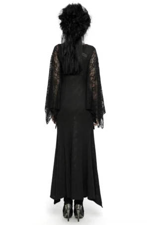 Black gothic lace dress back view showing floor-length hem and sheer batwing sleeves