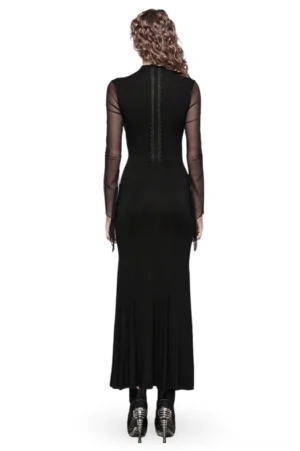 Gothic black mesh maxi dress back view featuring central zipper closure and high mock neckline