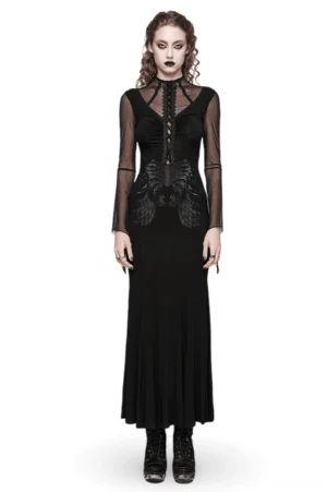 Black gothic lace mesh maxi dress front view with embroidered corset detail and sheer mesh sleeves