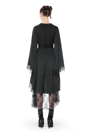 Gothic high-low lace midi dress back view showing asymmetrical hemline and belted waist detail